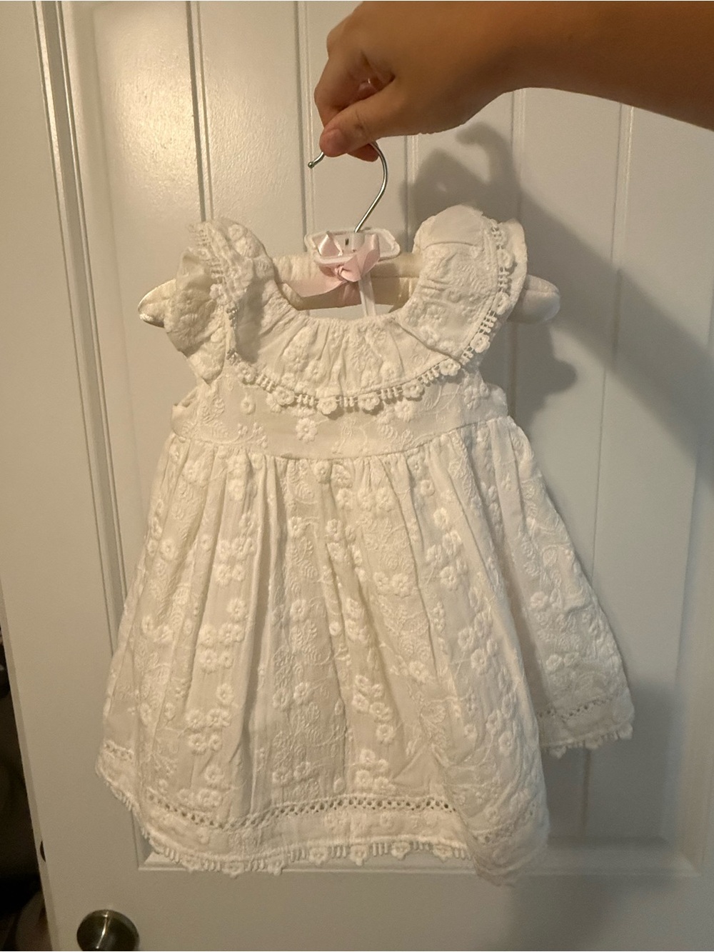 Shabby Chic White Embroidered Ruffle-Sleeve Formal Dress with pink bow detailing